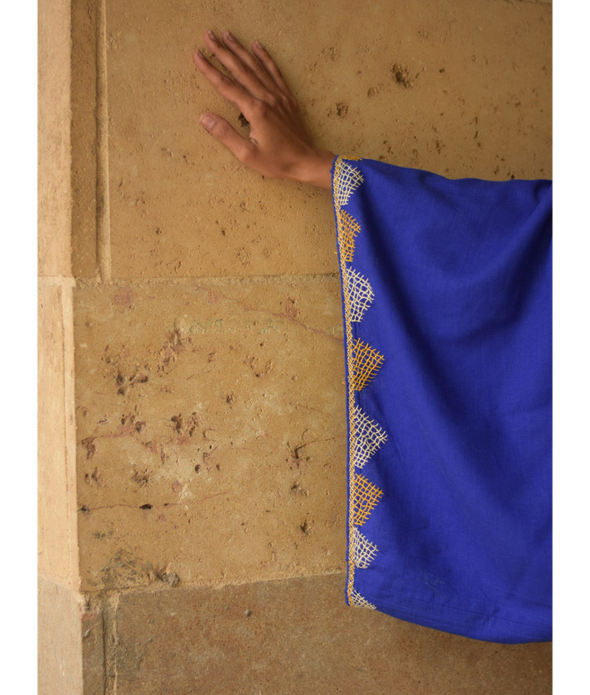 Electric Blue Siwa Embroidered Linen Bolero made in Egypt & available at Jozee Boutique.