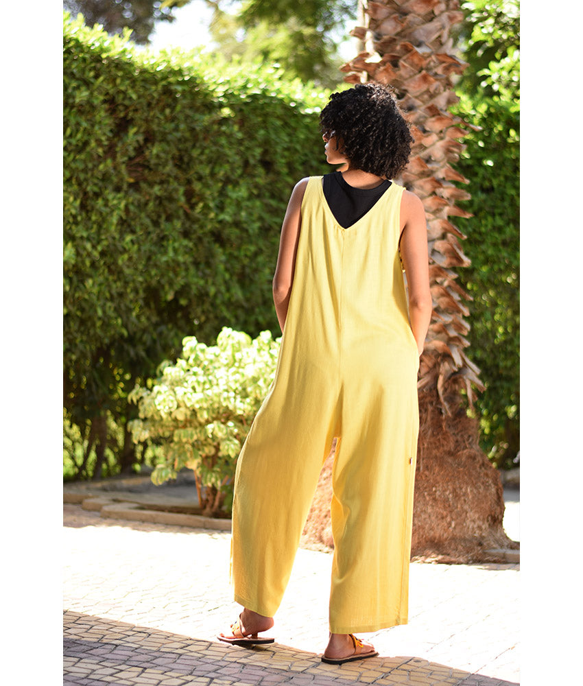 Yellow Siwa Embroidered Linen Jumpsuit Handmade in Egypt & available at Jozee Boutique