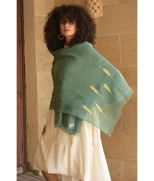 Green Embroidered Linen Shawl - Palm
