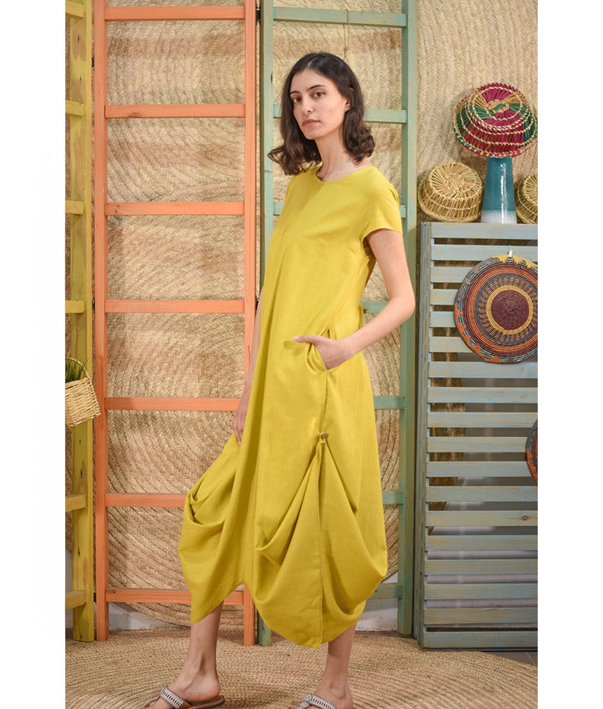Mustard Linen Tent Dress With Side Buttons handmade in Egypt & available at Jozee boutique