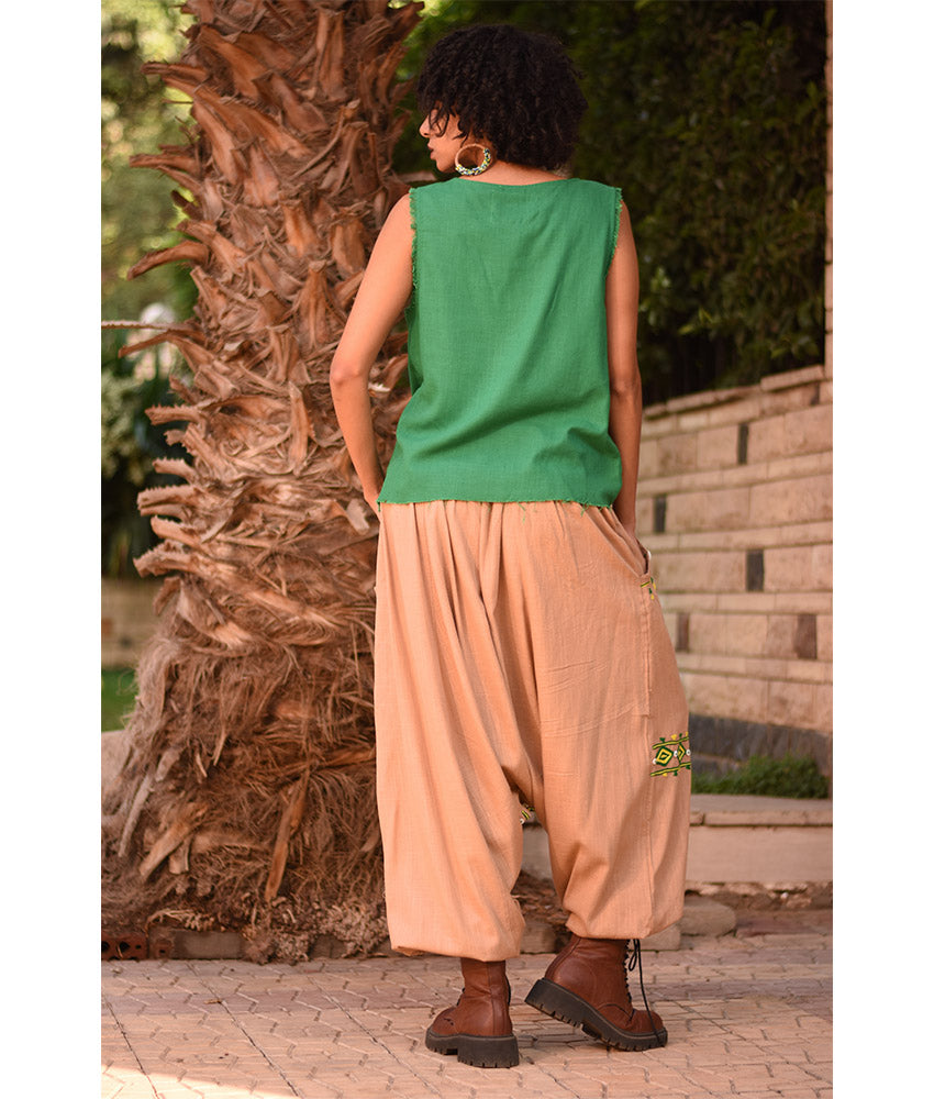 Dark beige Siwa Embroidered Linen Harem Pants Handmade in Egypt & available at Jozee Boutique