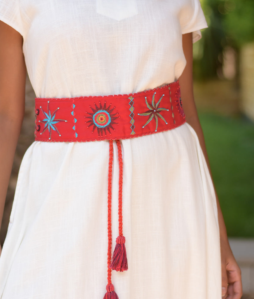 Red Saint Catherine embroidered wide belt handmade in Egypt & available at Jozee boutique
