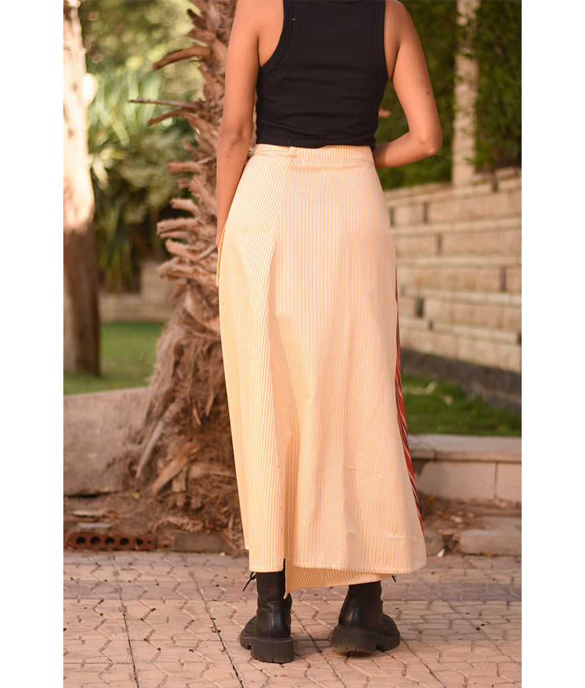 Striped Champagne Gold & Multicolored Silk and Cotton Loom Woven Long Wrap Skirt handmade in Egypt & available at Jozee Boutique.