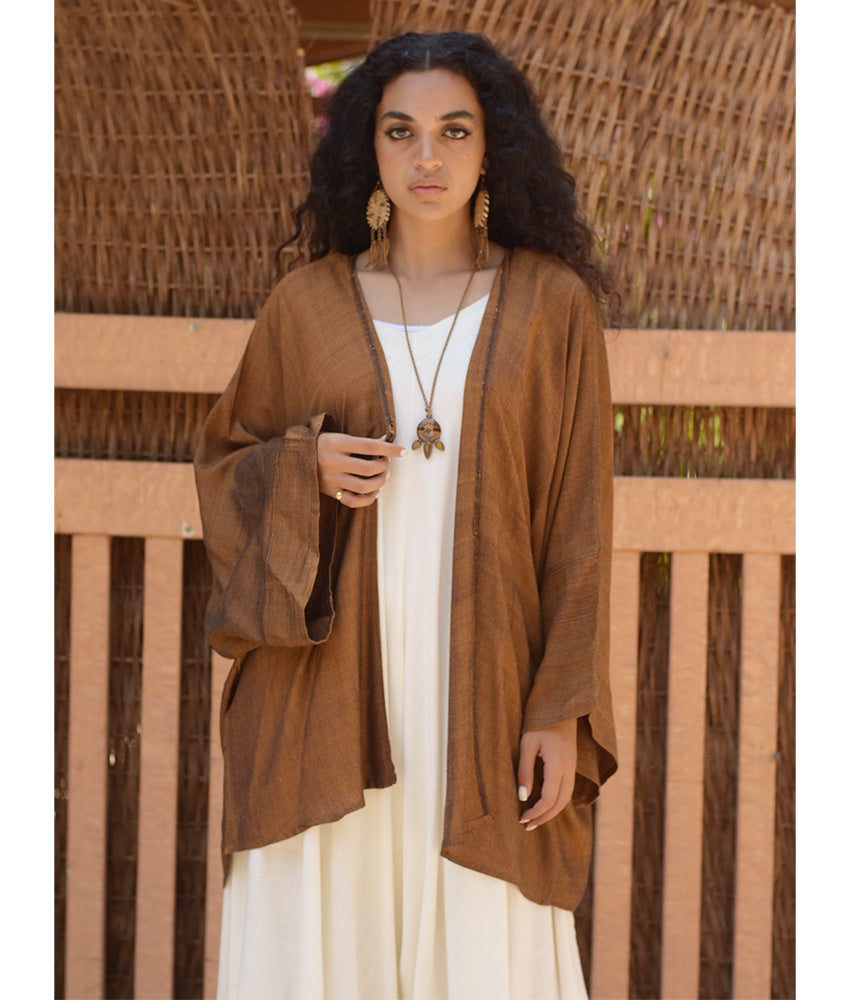 Cinnamon Brown Handwoven Viscose Cardigan handmade in Egypt & available at Jozee Boutique.