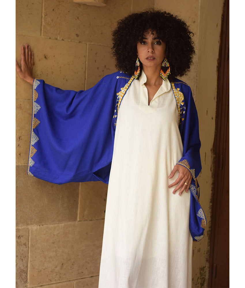 Electric Blue Siwa Embroidered Linen Bolero made in Egypt & available at Jozee Boutique.