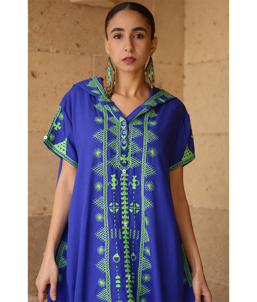 Electric Blue Siwa Heavily Embroidered Linen Dress with Hoodie handmade in Egypt & available at Jozee Boutique.