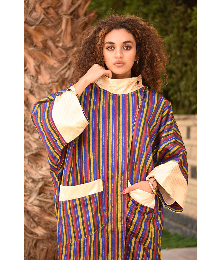 Champagne Gold & Multicolored Long Double-Faced Jacket handmade in Egypt & available at Jozee Boutique.