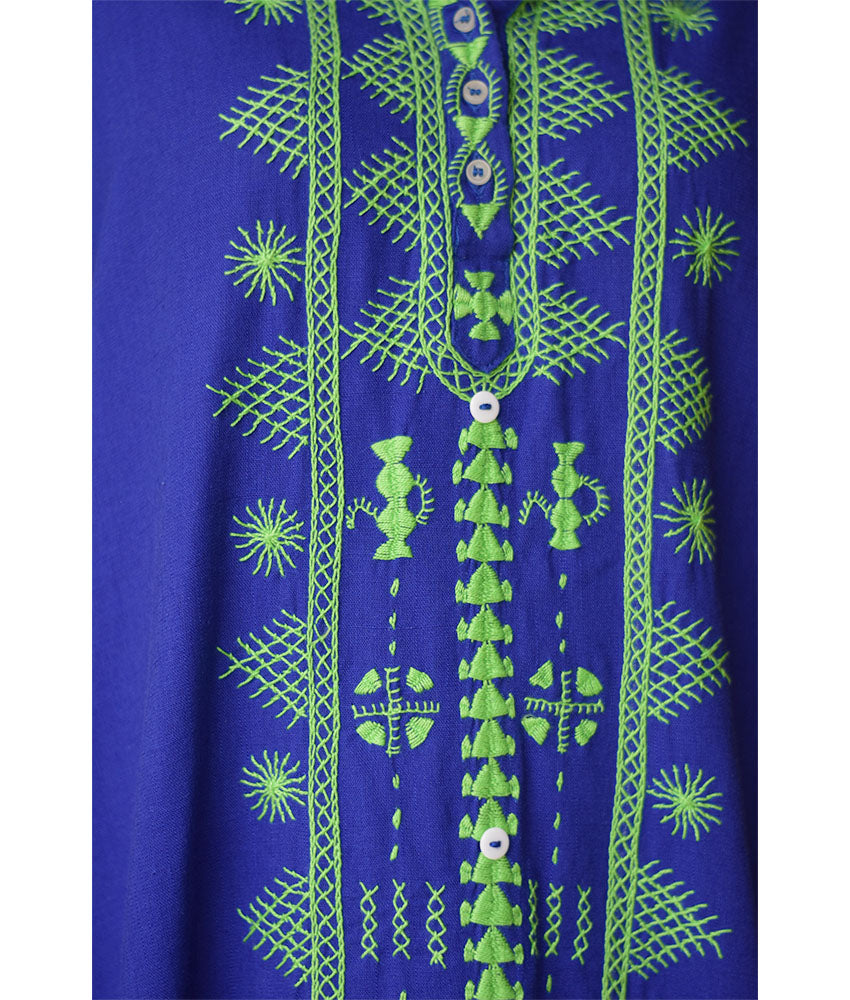 Electric Blue Siwa Heavily Embroidered Linen Dress with Hoodie handmade in Egypt & available at Jozee Boutique.