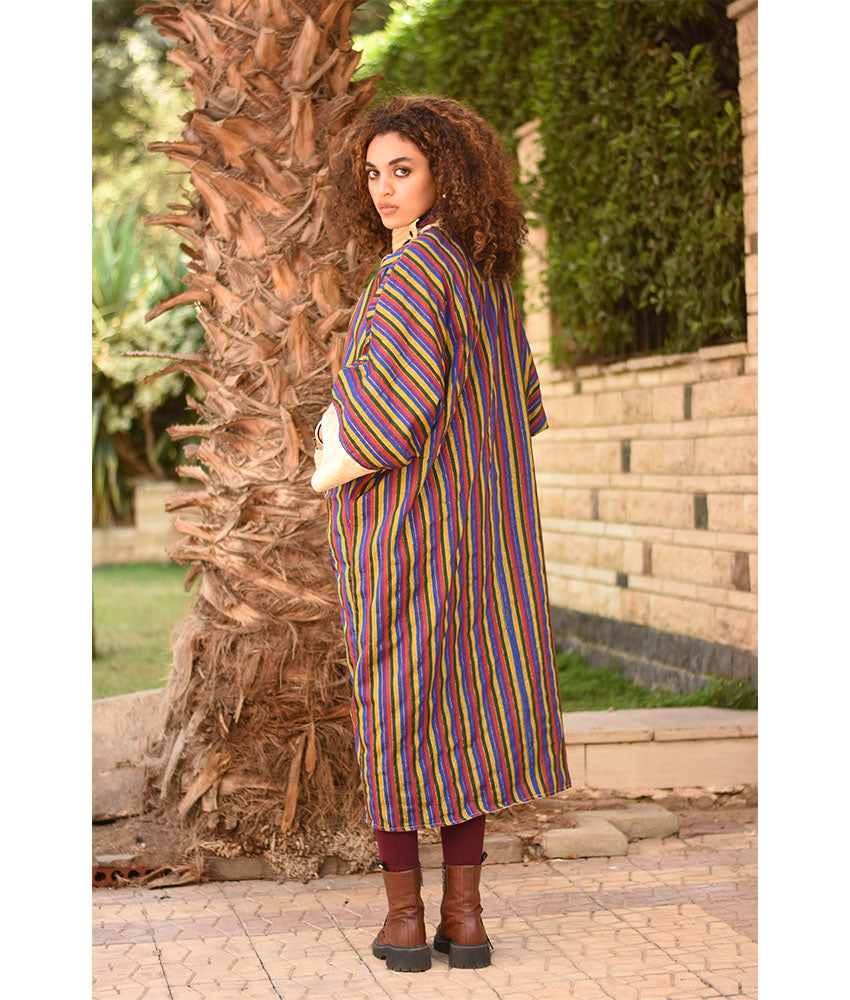 Champagne Gold & Multicolored Long Double-Faced Jacket handmade in Egypt & available at Jozee Boutique.