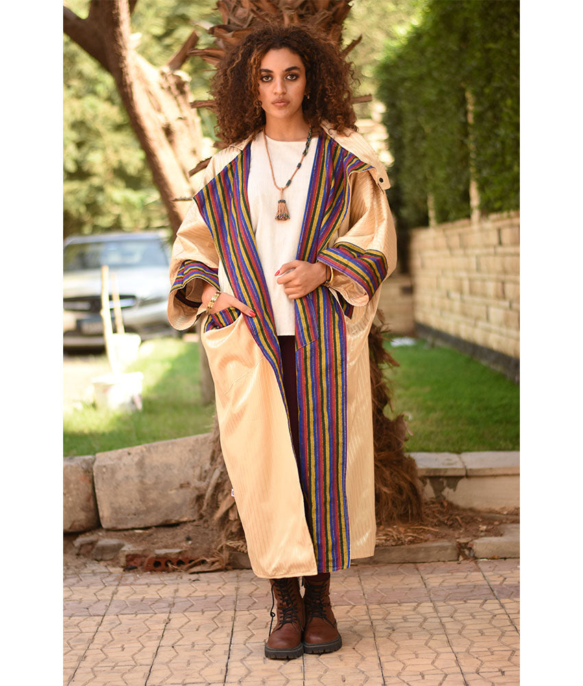 Champagne Gold & Multicolored Long Double-Faced Jacket handmade in Egypt & available at Jozee Boutique.