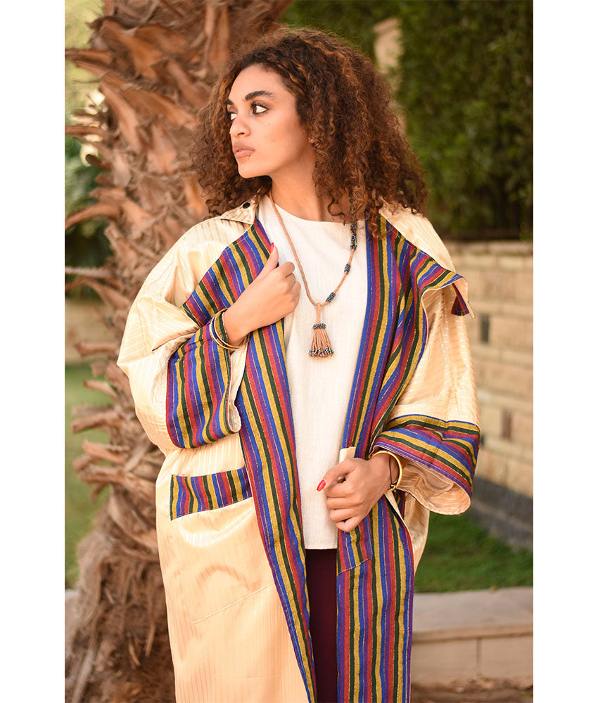 Champagne Gold & Multicolored Long Double-Faced Jacket handmade in Egypt & available at Jozee Boutique.