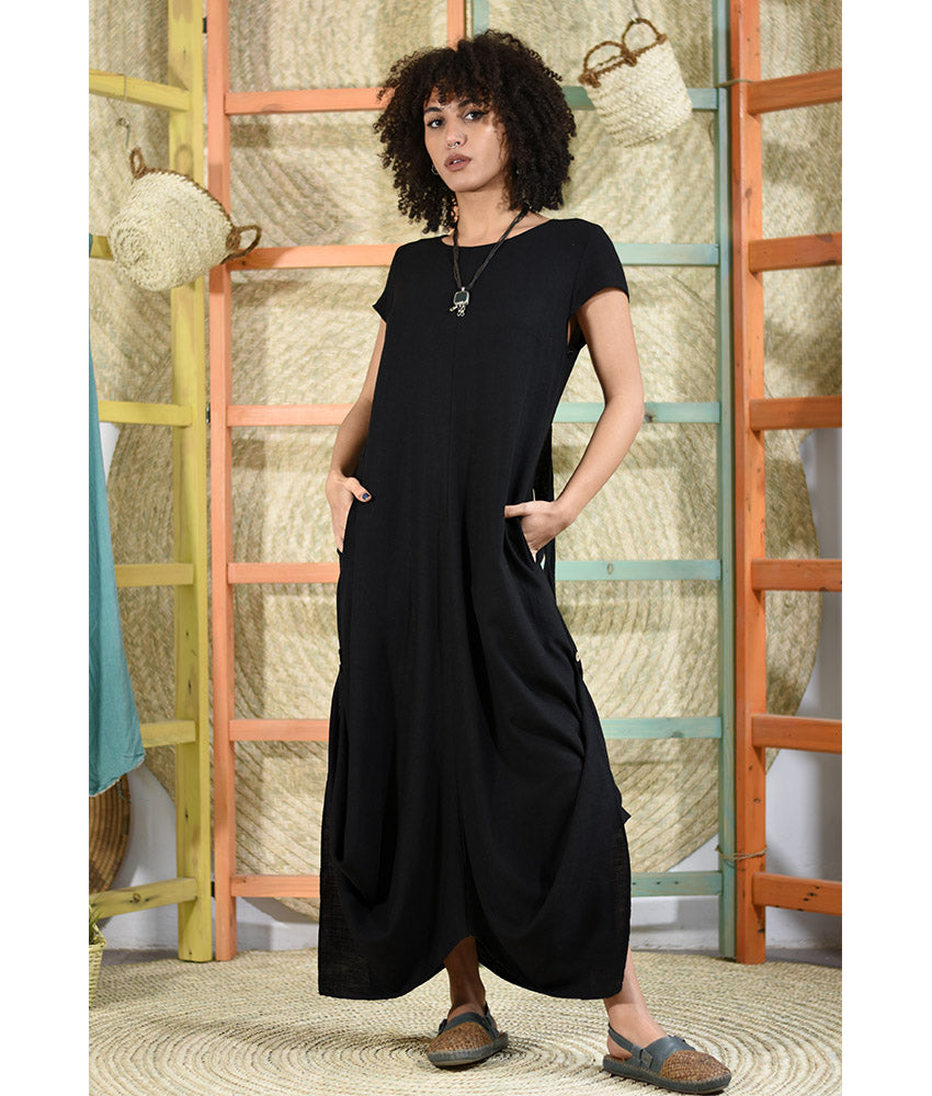 Black Linen Tent Dress With Side Buttons handmade in Egypt & available at Jozee boutique