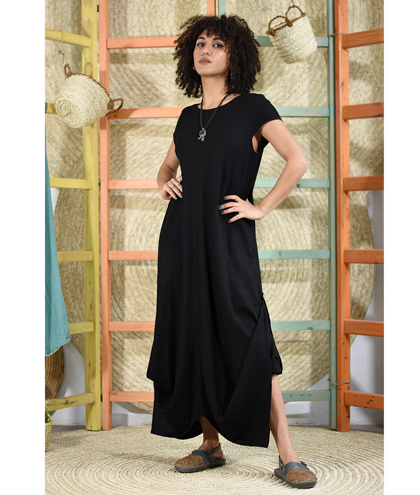 Black Linen Tent Dress With Side Buttons handmade in Egypt & available at Jozee boutique