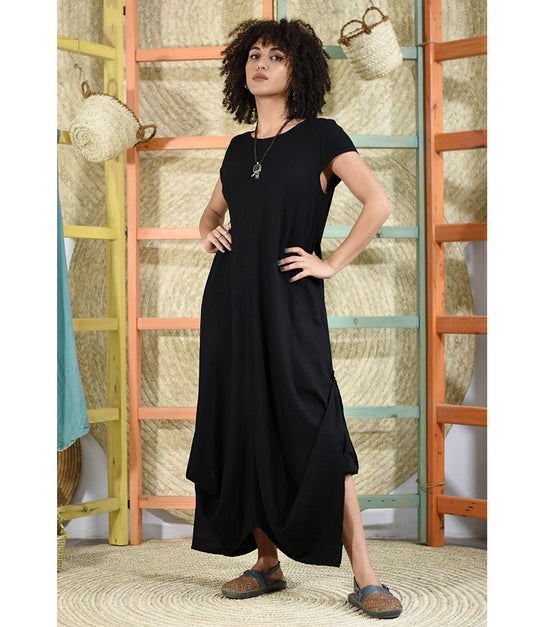 Black Linen Tent Dress With Side Buttons handmade in Egypt & available at Jozee boutique