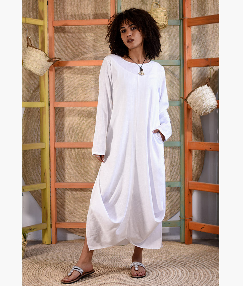 White Linen Tent Dress With Side Buttons handmade in Egypt & available at Jozee boutique