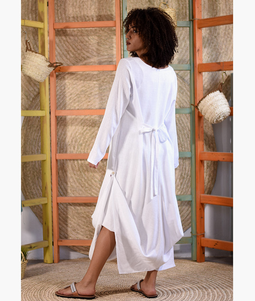 White Linen Tent Dress With Side Buttons handmade in Egypt & available at Jozee boutique