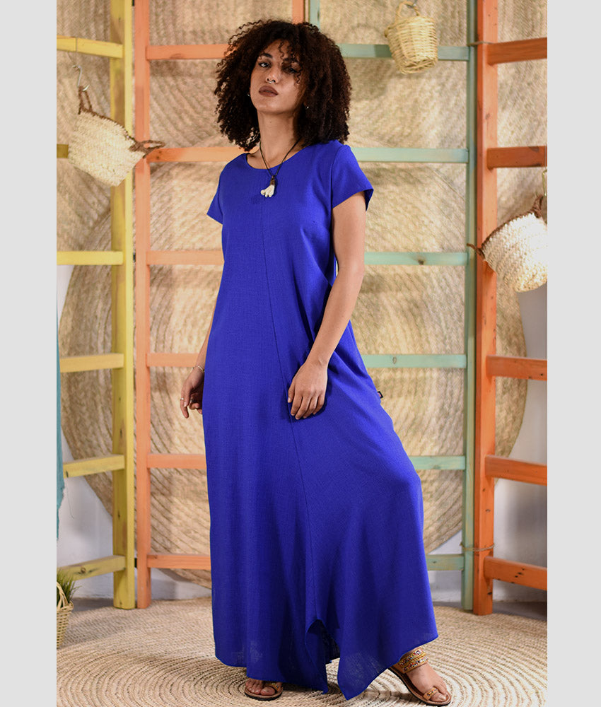 Electric blue Linen Tent Dress With Side Buttons handmade in Egypt & available at Jozee boutique