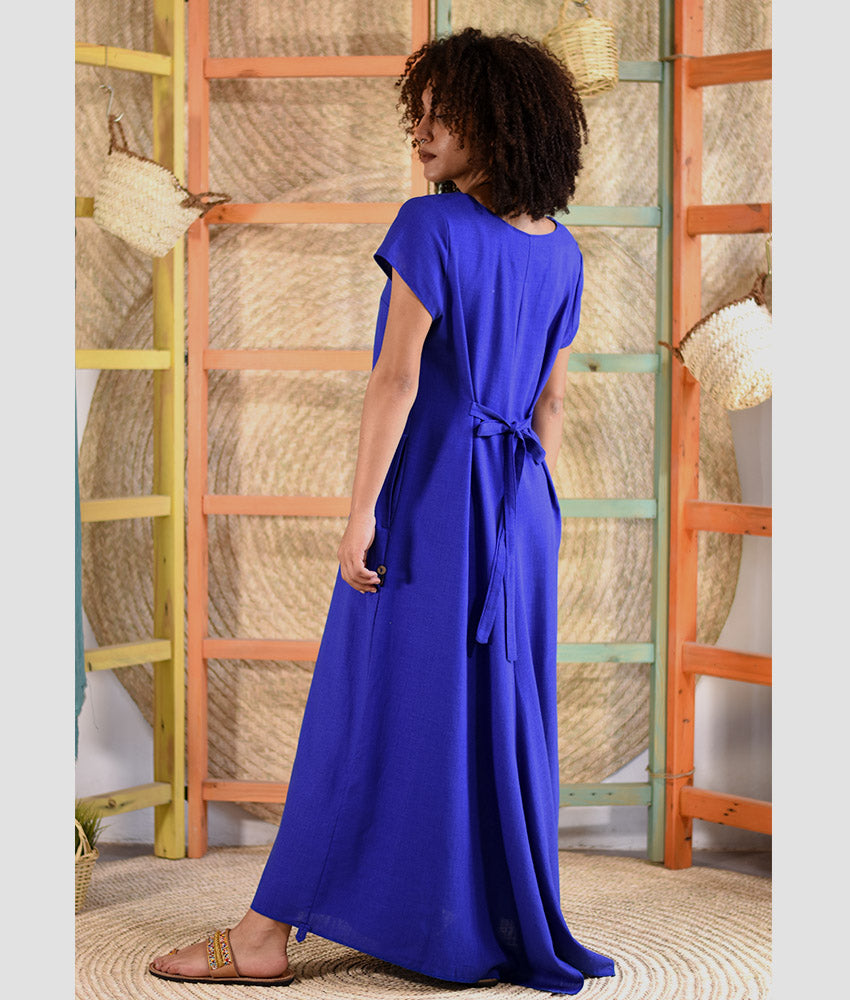 Electric blue Linen Tent Dress With Side Buttons handmade in Egypt & available at Jozee boutique