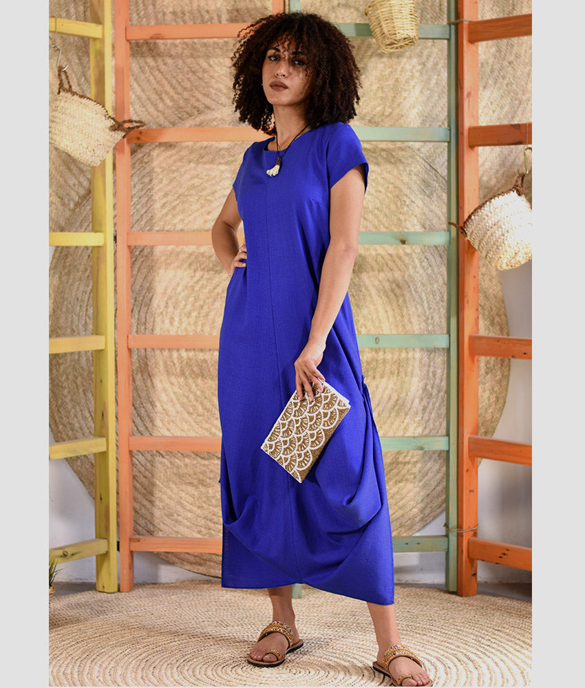Electric blue Linen Tent Dress With Side Buttons handmade in Egypt & available at Jozee boutique