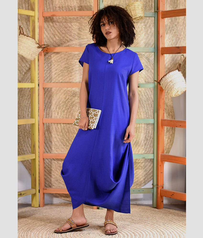Electric blue Linen Tent Dress With Side Buttons handmade in Egypt & available at Jozee boutique