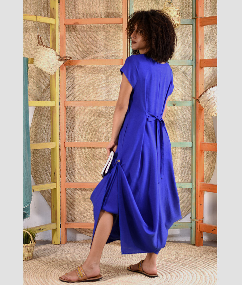 Electric blue Linen Tent Dress With Side Buttons handmade in Egypt & available at Jozee boutique