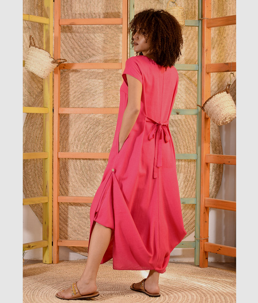 Fuchsia Linen Tent Dress With Side Buttons handmade in Egypt & available at Jozee boutique