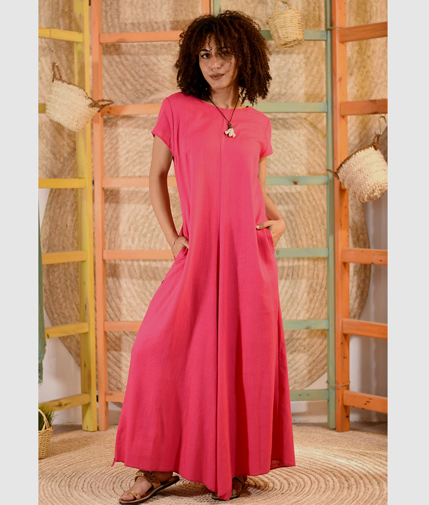 Fuchsia Linen Tent Dress With Side Buttons handmade in Egypt & available at Jozee boutique