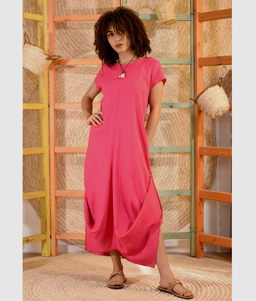 Fuchsia Linen Tent Dress With Side Buttons handmade in Egypt & available at Jozee boutique