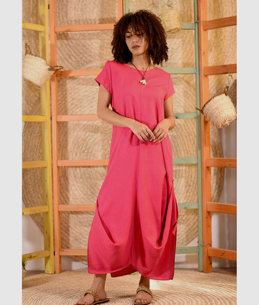 Fuchsia Linen Tent Dress With Side Buttons handmade in Egypt & available at Jozee boutique