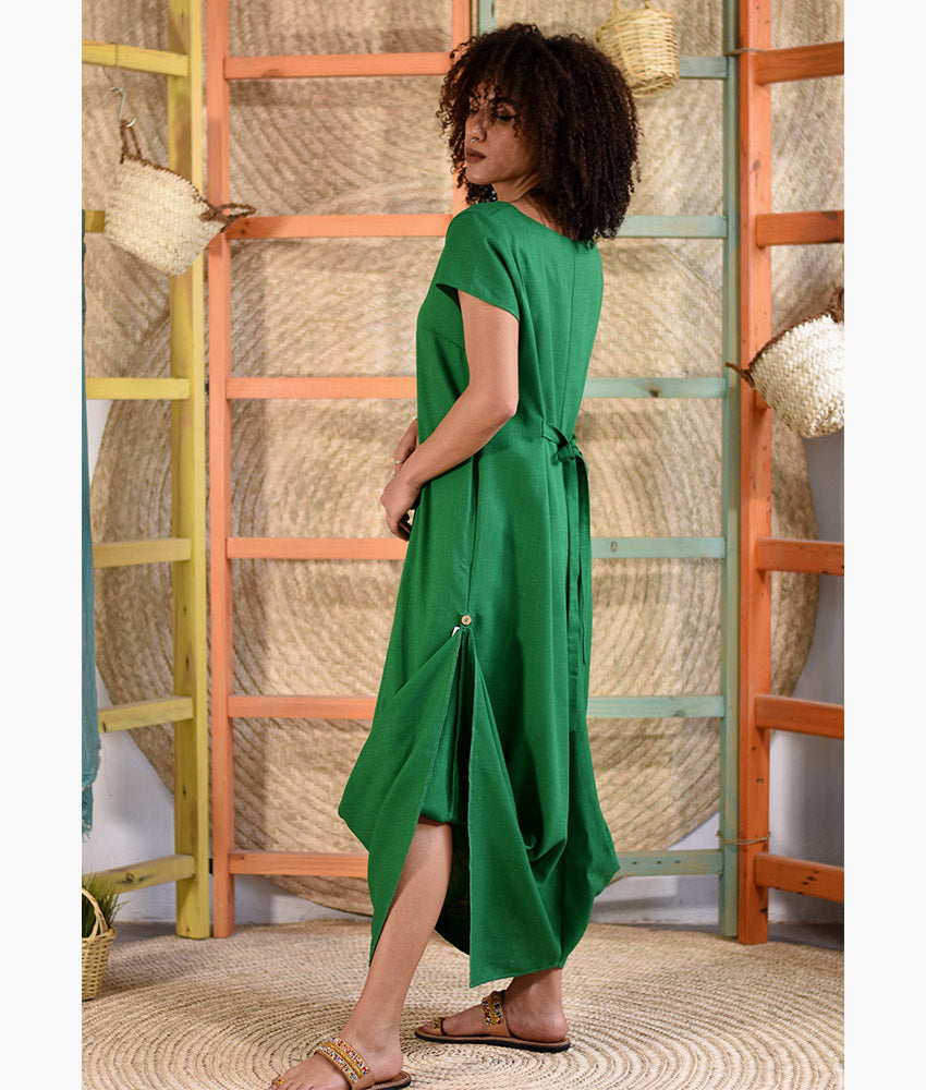 Green Linen Tent Dress With Side Buttons handmade in Egypt & available at Jozee boutique