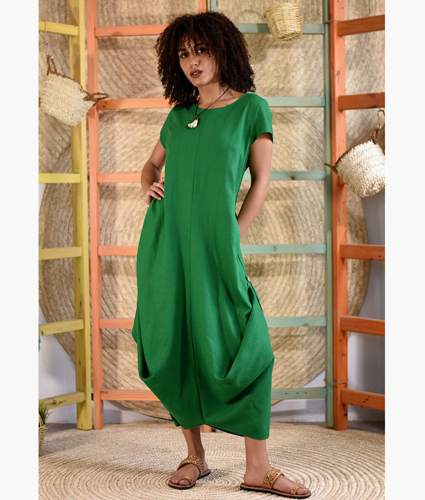 Green Linen Tent Dress With Side Buttons handmade in Egypt & available at Jozee boutique