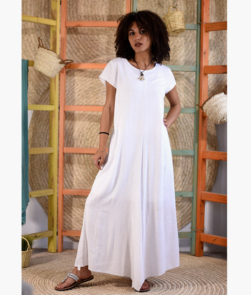 White Linen Tent Dress With Side Buttons handmade in Egypt & available at Jozee boutique