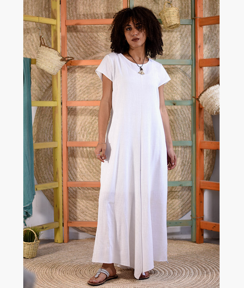 White Linen Tent Dress With Side Buttons handmade in Egypt & available at Jozee boutique