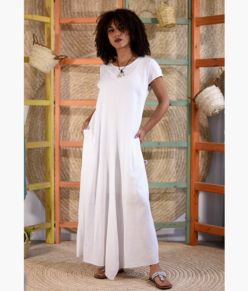 White Linen Tent Dress With Side Buttons handmade in Egypt & available at Jozee boutique