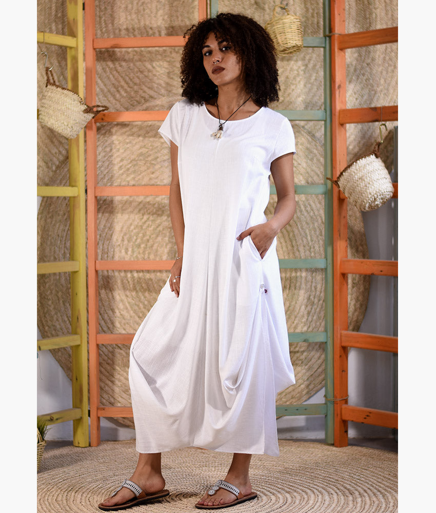 White Linen Tent Dress With Side Buttons handmade in Egypt & available at Jozee boutique