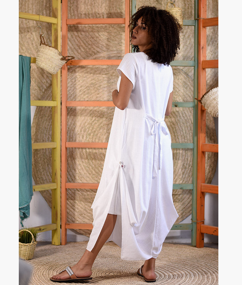 White Linen Tent Dress With Side Buttons handmade in Egypt & available at Jozee boutique