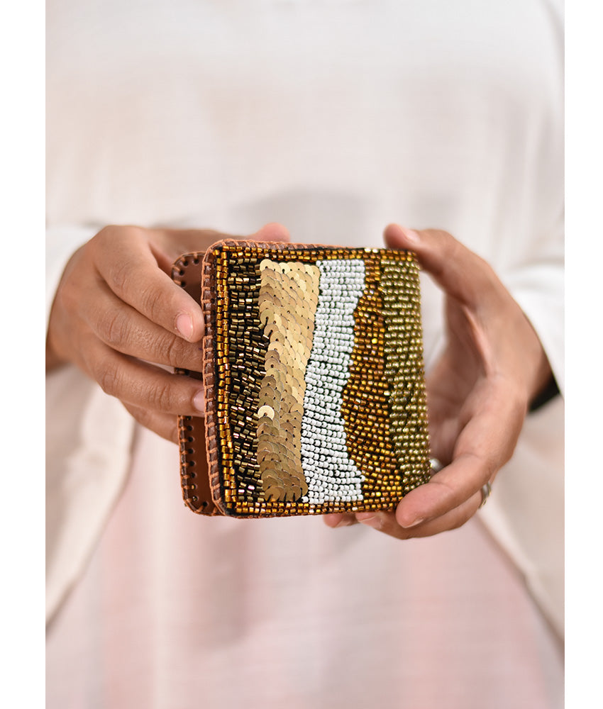 Brown and gold Beaded Wallet handmade in Egypt and available at Jozee Boutique.