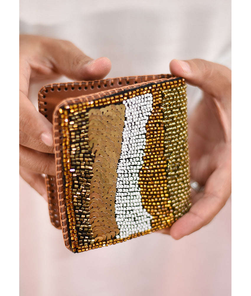 Brown and gold Beaded Wallet handmade in Egypt and available at Jozee Boutique.