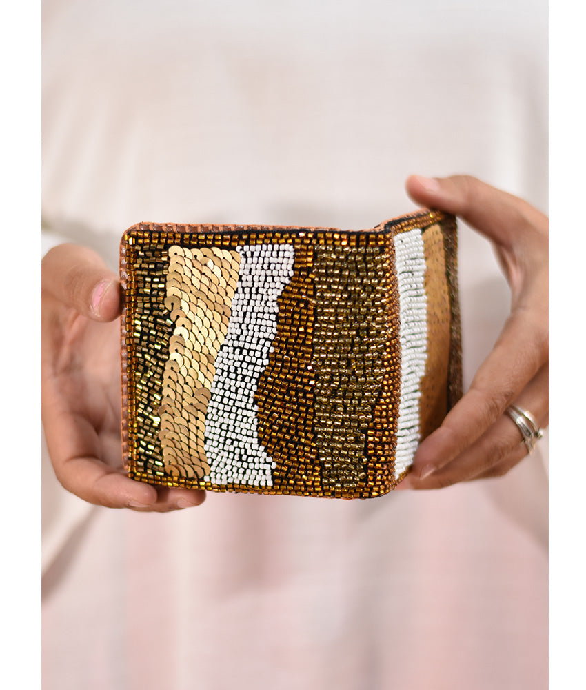 Brown and gold Beaded Wallet handmade in Egypt and available at Jozee Boutique.