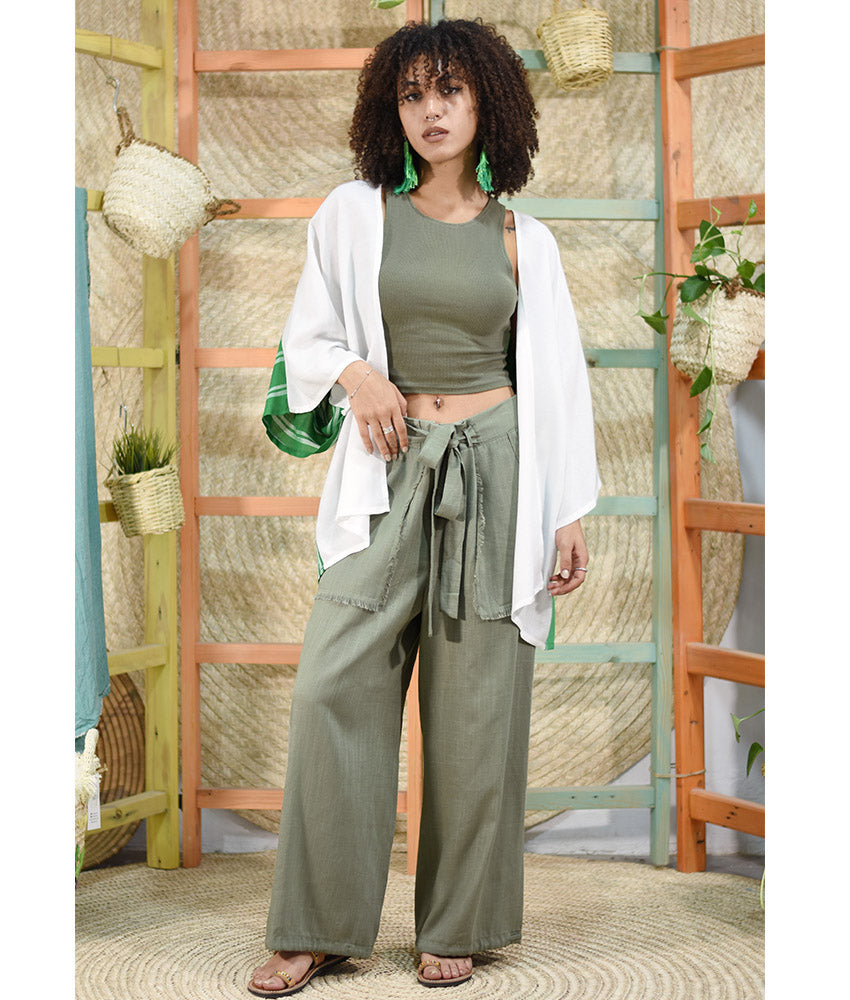White & Green Handwoven Viscose Cardigan handmade in Egypt & available at Jozee Boutique.