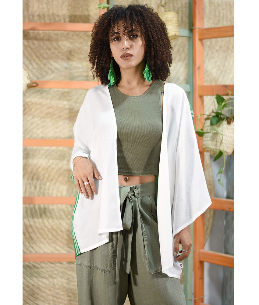 White & Green Handwoven Viscose Cardigan handmade in Egypt & available at Jozee Boutique.