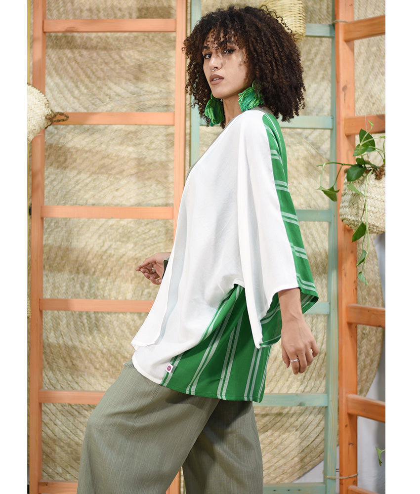 White & Green Handwoven Viscose Cardigan handmade in Egypt & available at Jozee Boutique.