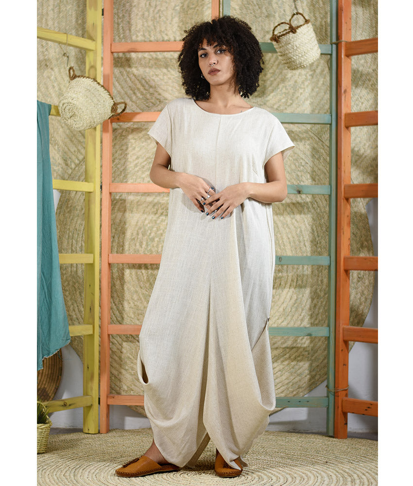 Beige Linen Tent Dress With Side Buttons handmade in Egypt & available at Jozee boutique