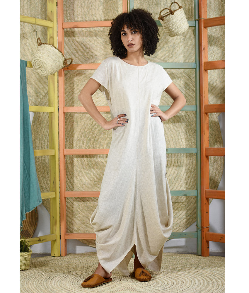 Beige Linen Tent Dress With Side Buttons handmade in Egypt & available at Jozee boutique