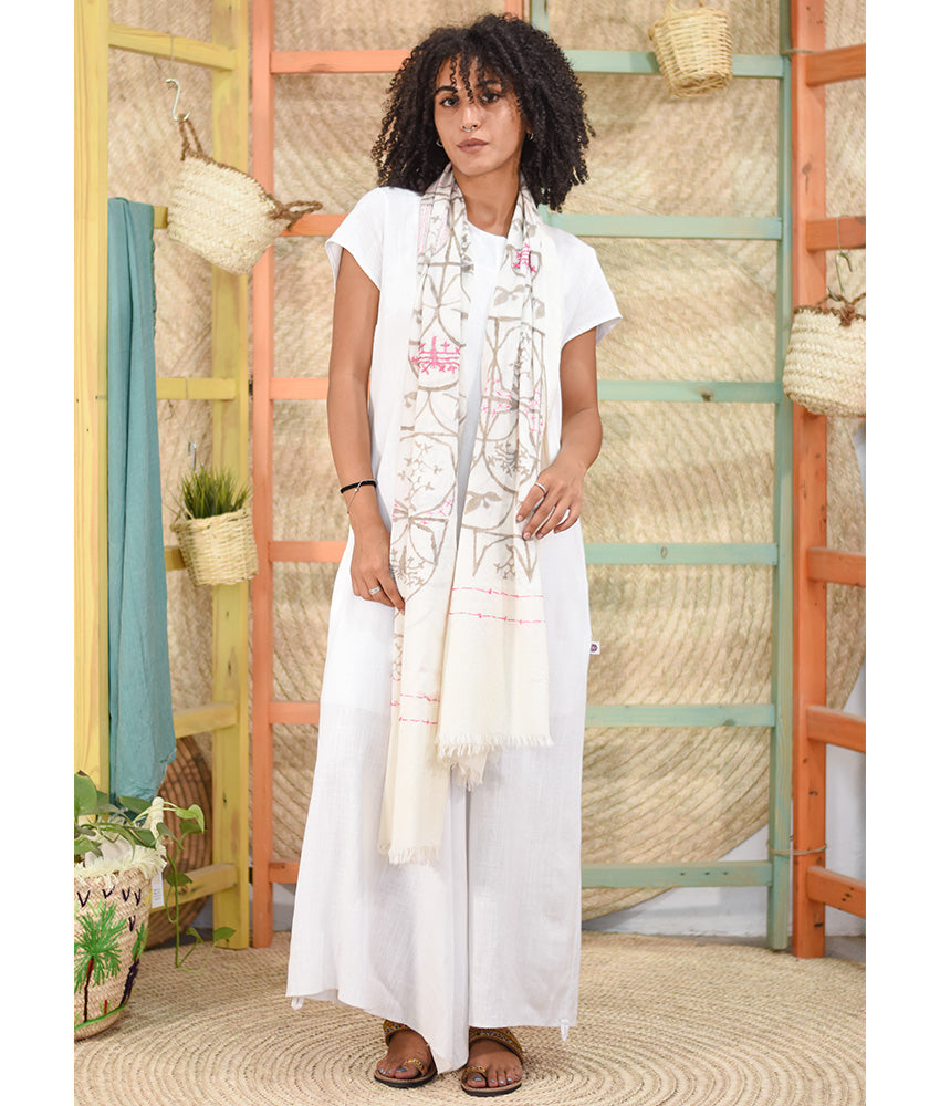 Off White Block printed Cotton Shawl Handmade in Egypt & available at Jozee Boutique