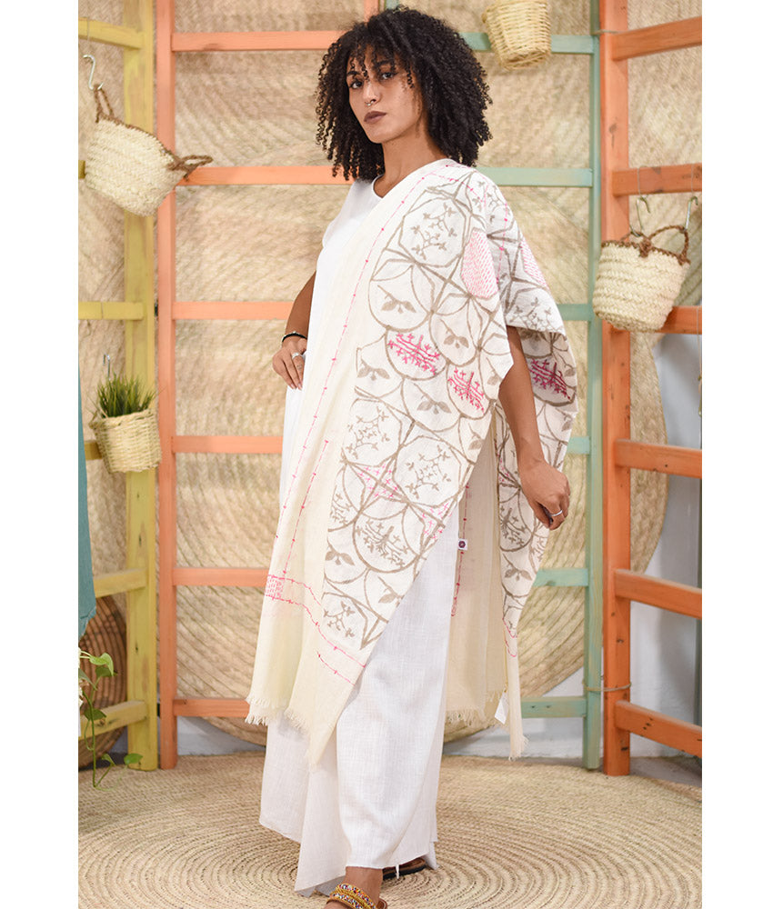 Off White Block printed Cotton Shawl Handmade in Egypt & available at Jozee Boutique