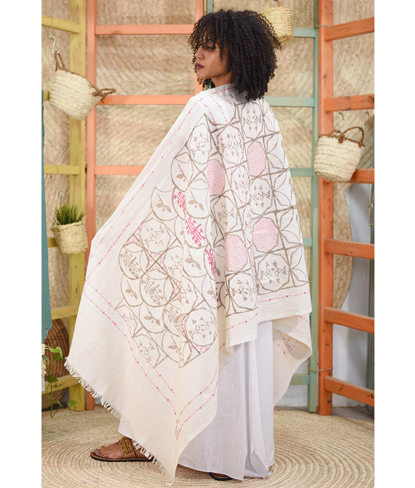 Off White Block printed Cotton Shawl Handmade in Egypt & available at Jozee Boutique