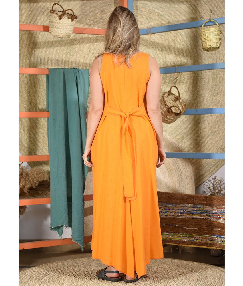 Orange Linen Tent Dress With Side Buttons handmade in Egypt & available at Jozee boutique