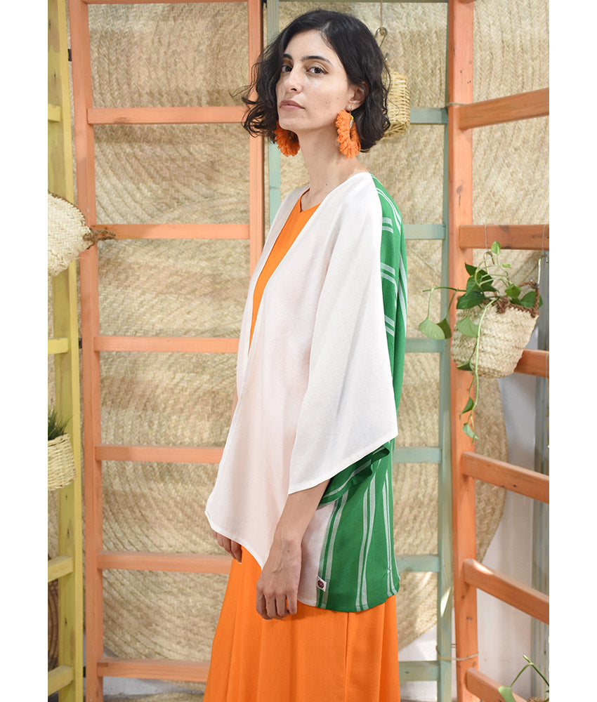 White & Green Handwoven Viscose Cardigan handmade in Egypt & available at Jozee Boutique.