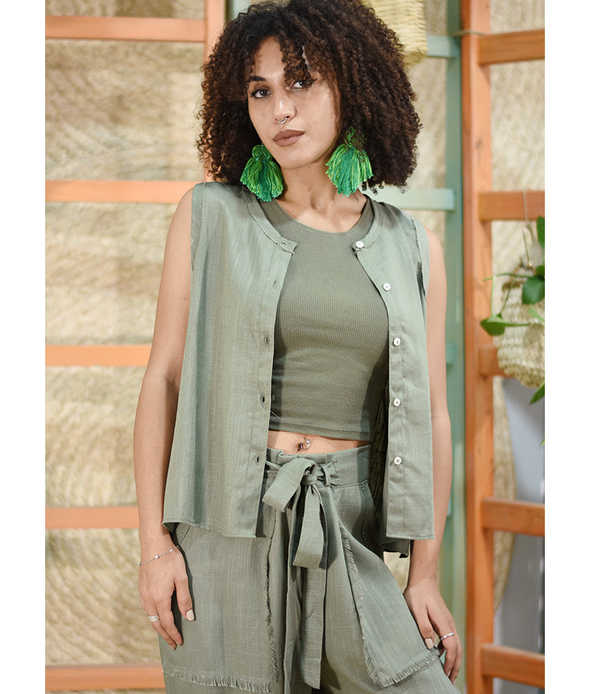 Olive green Linen top made in Egypt & available in Jozee boutique